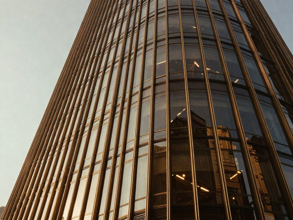 Golden sunlight on the rising curves of a modern glass office tower
